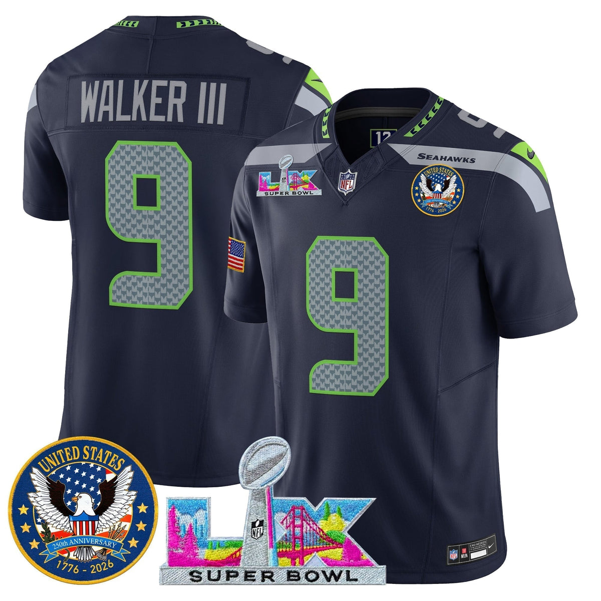 Men's Seattle Seahawks "Super Bowl LX & United States 250th Patch" Vapor Limited Jersey - All Stitched