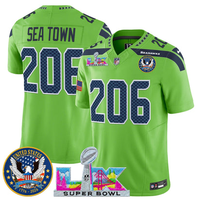 Men's Seattle Seahawks "Super Bowl LX & United States 250th Patch" Vapor Limited Jersey - All Stitched