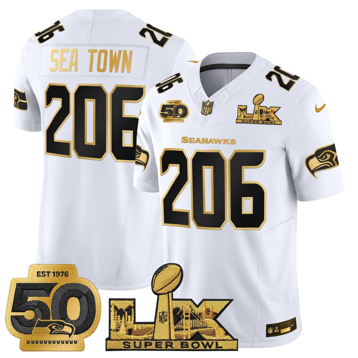Men's Seattle Seahawks "Super Bowl LX & 50th Patch" Gold Vapor Limited Jersey - All Stitched