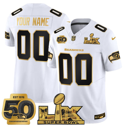 Seattle Seahawks "Super Bowl LX & 50th Patch" Gold Vapor Limited Custom Jersey - All Stitched
