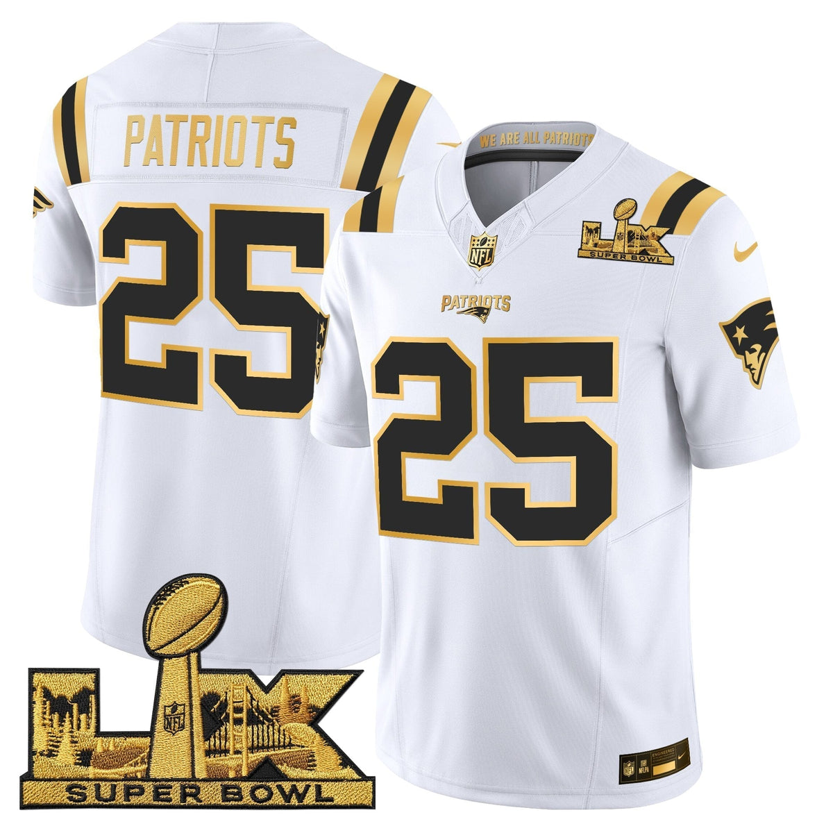 Men's New England Patriots Super Bowl LX Gold Vapor Limited Jersey - All Stitched
