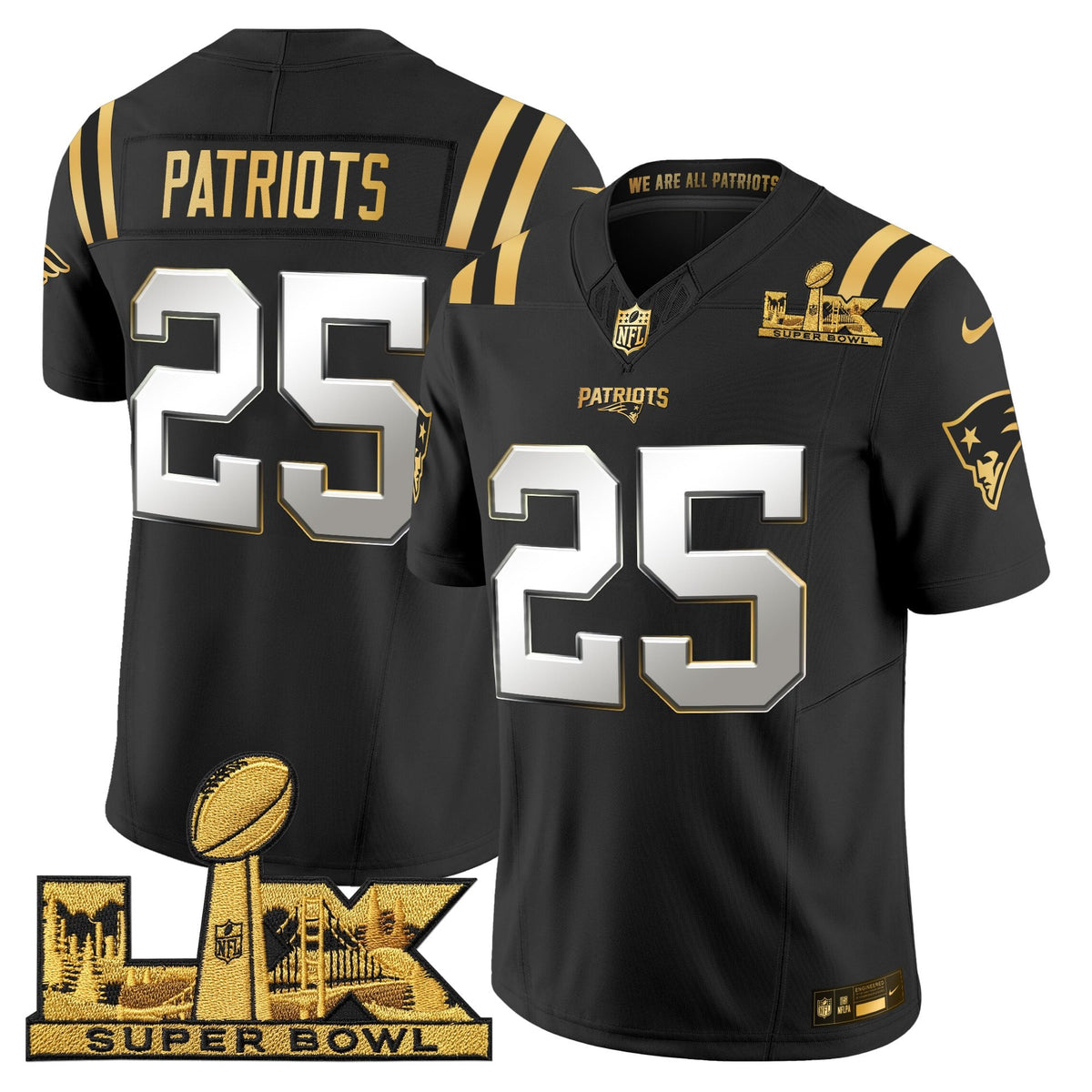 Men's New England Patriots Super Bowl LX Gold Vapor Limited Jersey - All Stitched