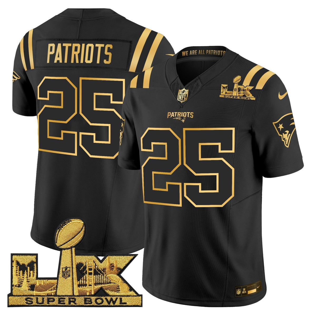 Men's New England Patriots Super Bowl LX Gold Vapor Limited Jersey - All Stitched