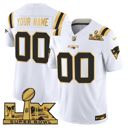 New England Patriots Super Bowl LX Gold Vapor Limited Custom Jersey - All Stitched