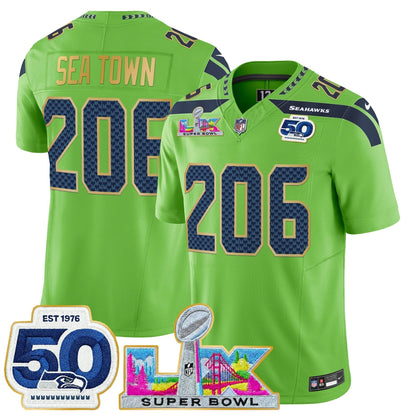 Men's Seattle Seahawks "Super Bowl LX & 50th Patch" Gold Trim Vapor Limited Jersey - All Stitched