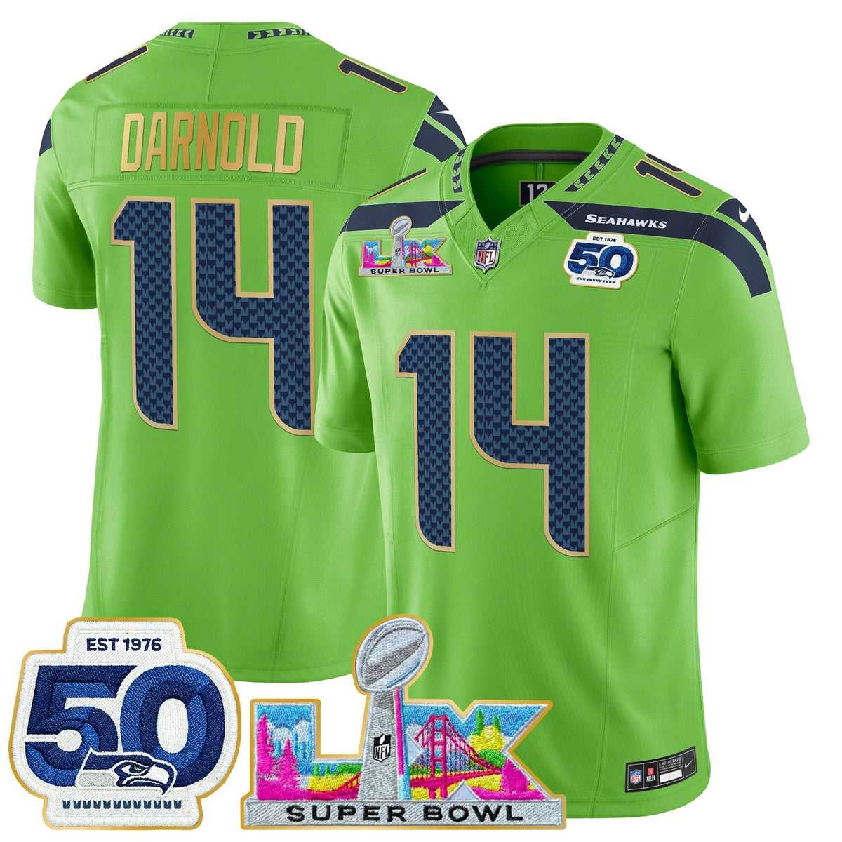Men's Seattle Seahawks "Super Bowl LX & 50th Patch" Gold Trim Vapor Limited Jersey - All Stitched