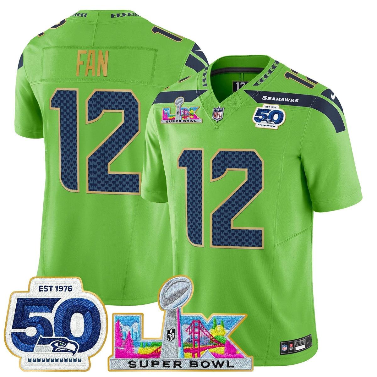 Men's Seattle Seahawks "Super Bowl LX & 50th Patch" Gold Trim Vapor Limited Jersey - All Stitched