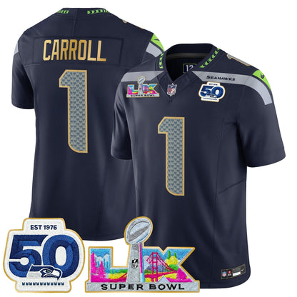 Men's Seattle Seahawks "Super Bowl LX & 50th Patch" Gold Trim Vapor Limited Jersey - All Stitched