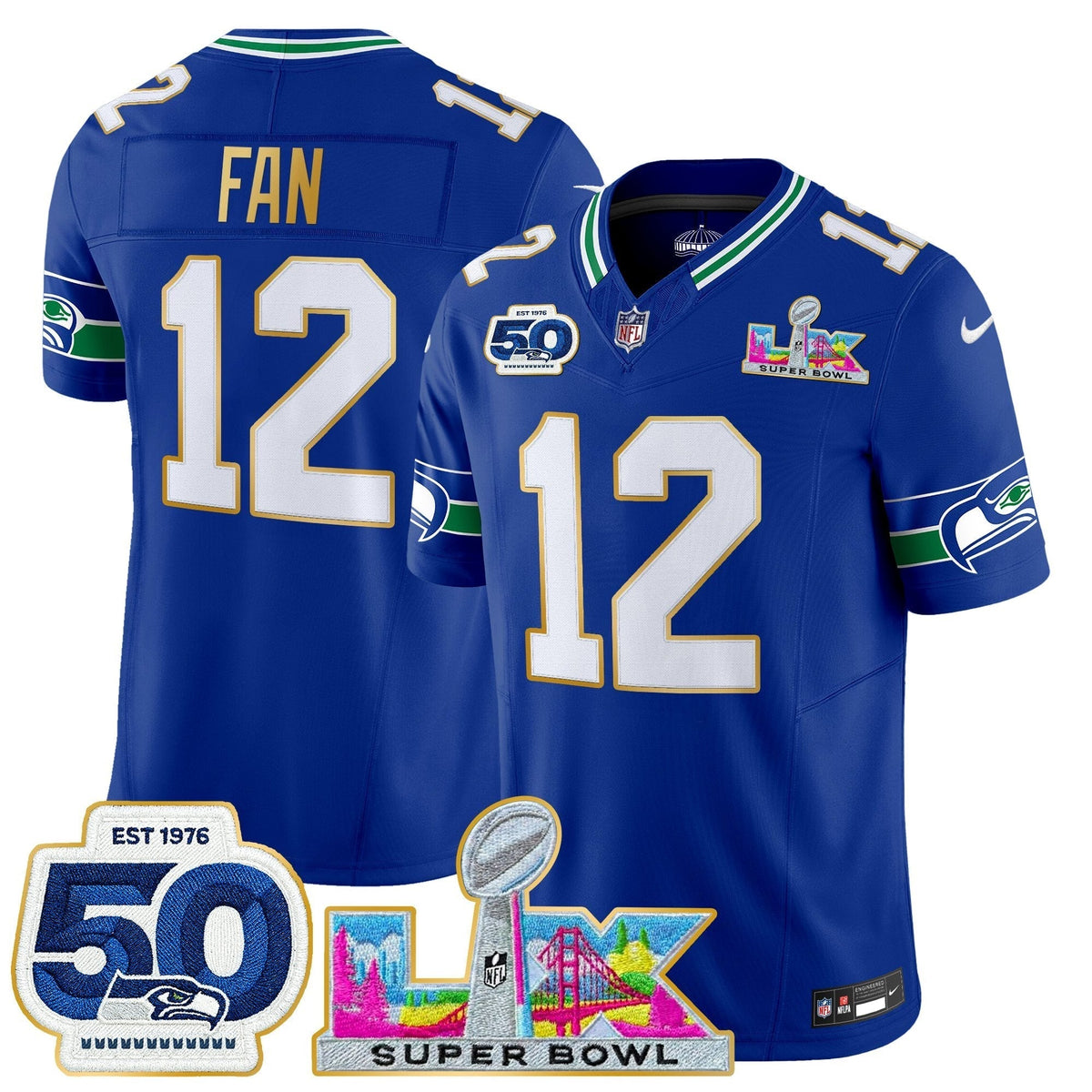 Men's Seattle Seahawks "Super Bowl LX & 50th Patch" Gold Trim Vapor Limited Jersey - All Stitched