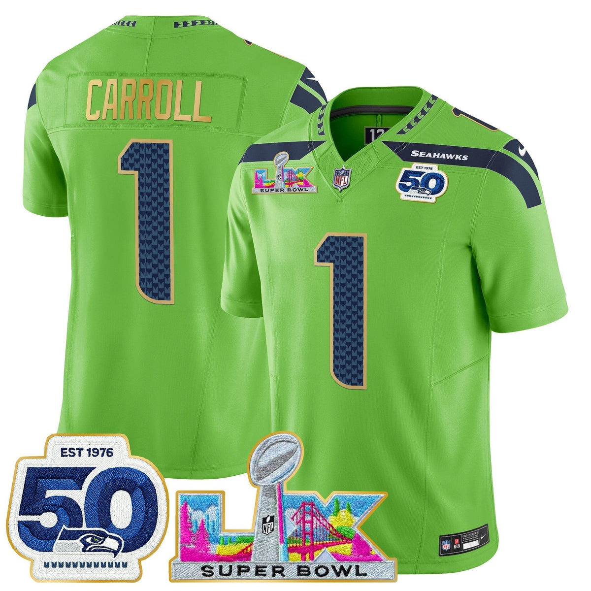 Men's Seattle Seahawks "Super Bowl LX & 50th Patch" Gold Trim Vapor Limited Jersey - All Stitched