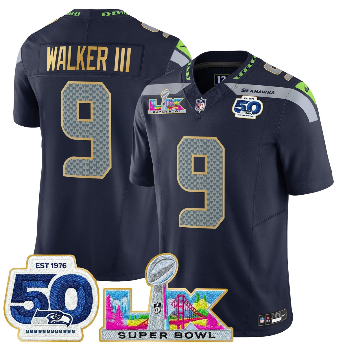 Men's Seattle Seahawks "Super Bowl LX & 50th Patch" Gold Trim Vapor Limited Jersey - All Stitched