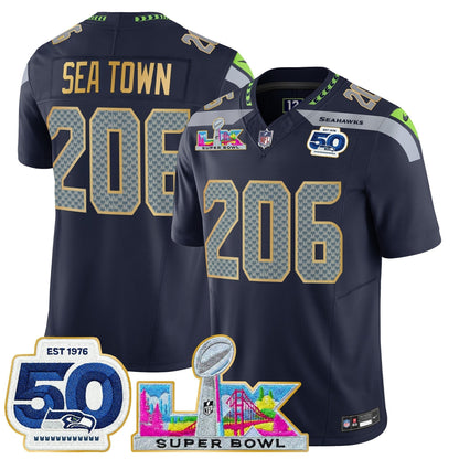 Men's Seattle Seahawks "Super Bowl LX & 50th Patch" Gold Trim Vapor Limited Jersey - All Stitched