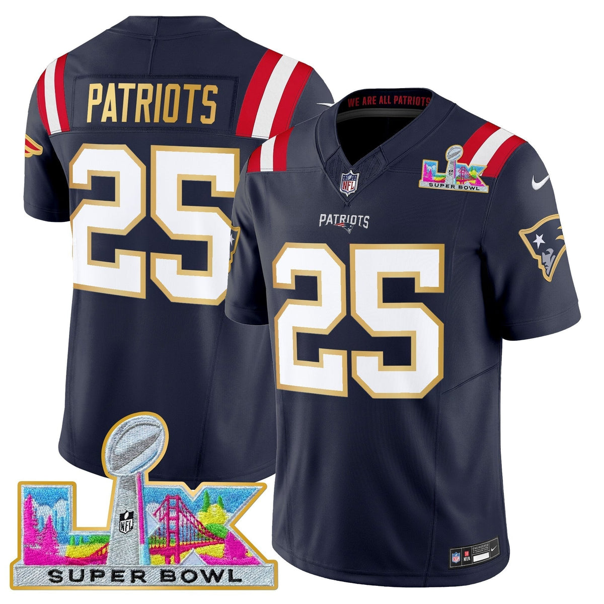 Men's New England Patriots Super Bowl LX Gold Trim Vapor Limited Jersey - All Stitched