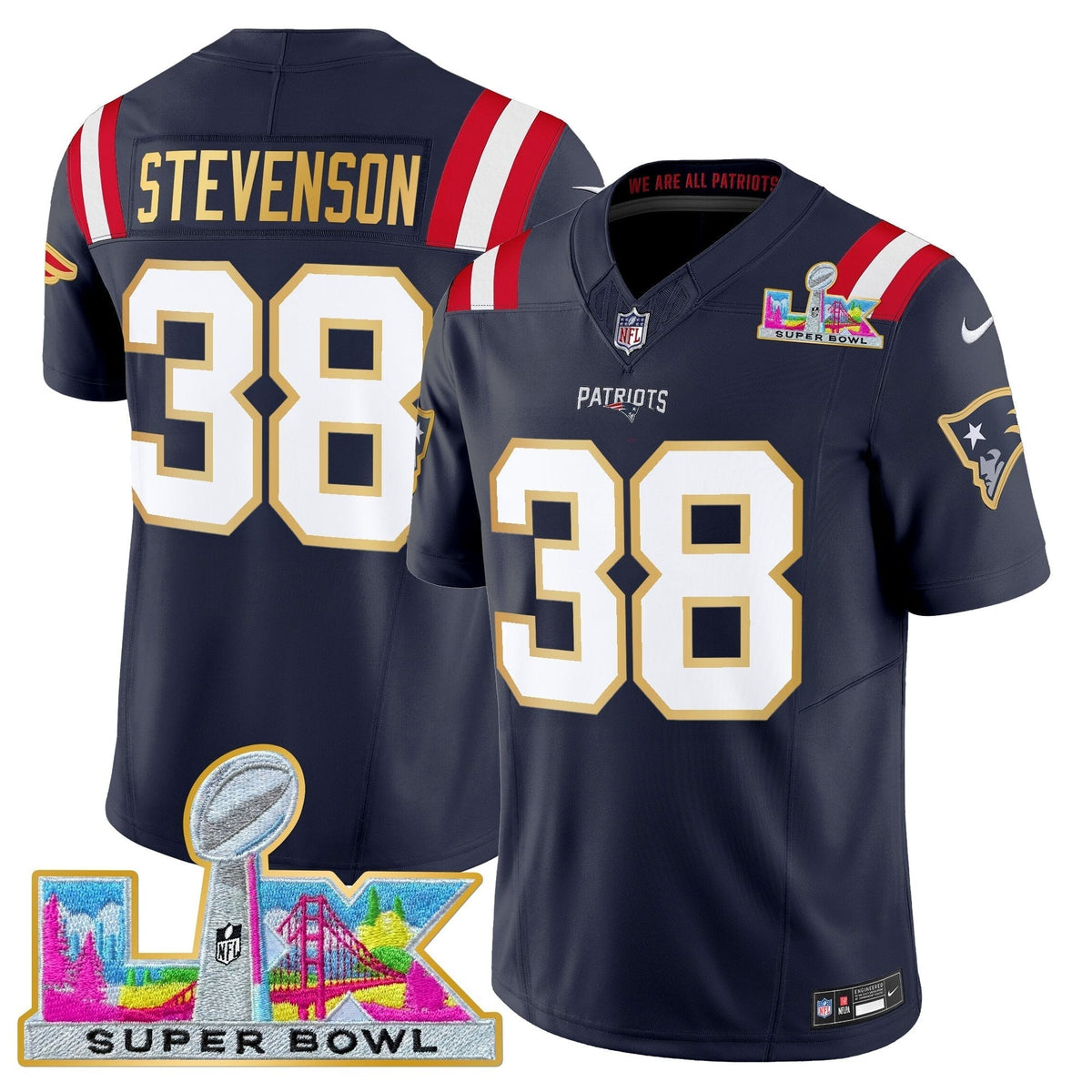 Men's New England Patriots Super Bowl LX Gold Trim Vapor Limited Jersey - All Stitched