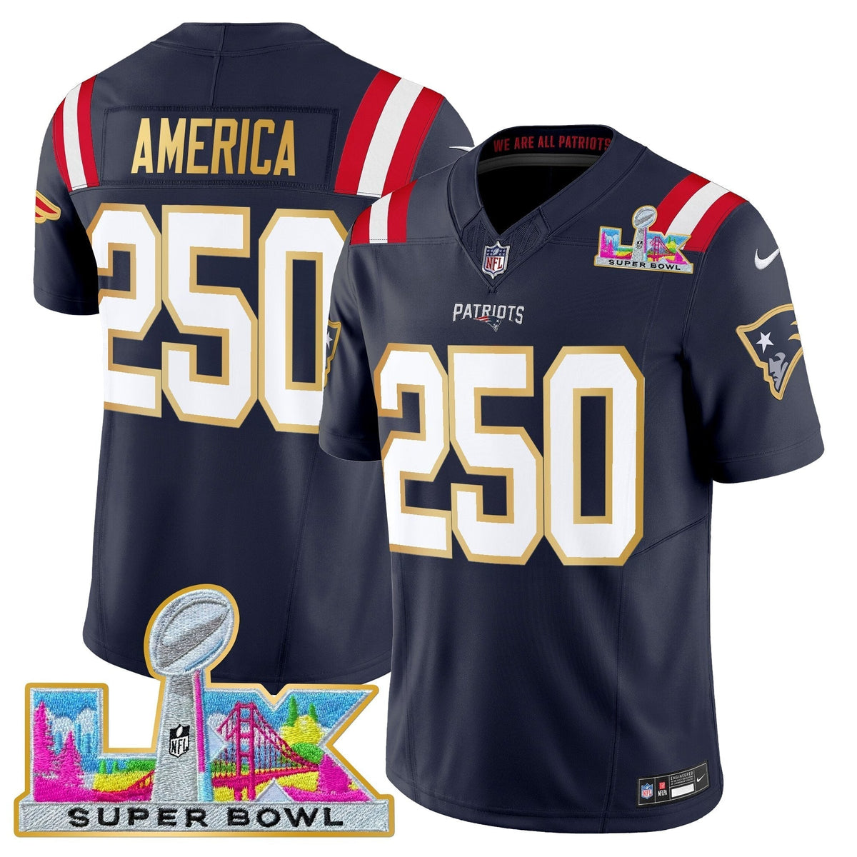 Men's New England Patriots Super Bowl LX Gold Trim Vapor Limited Jersey - All Stitched