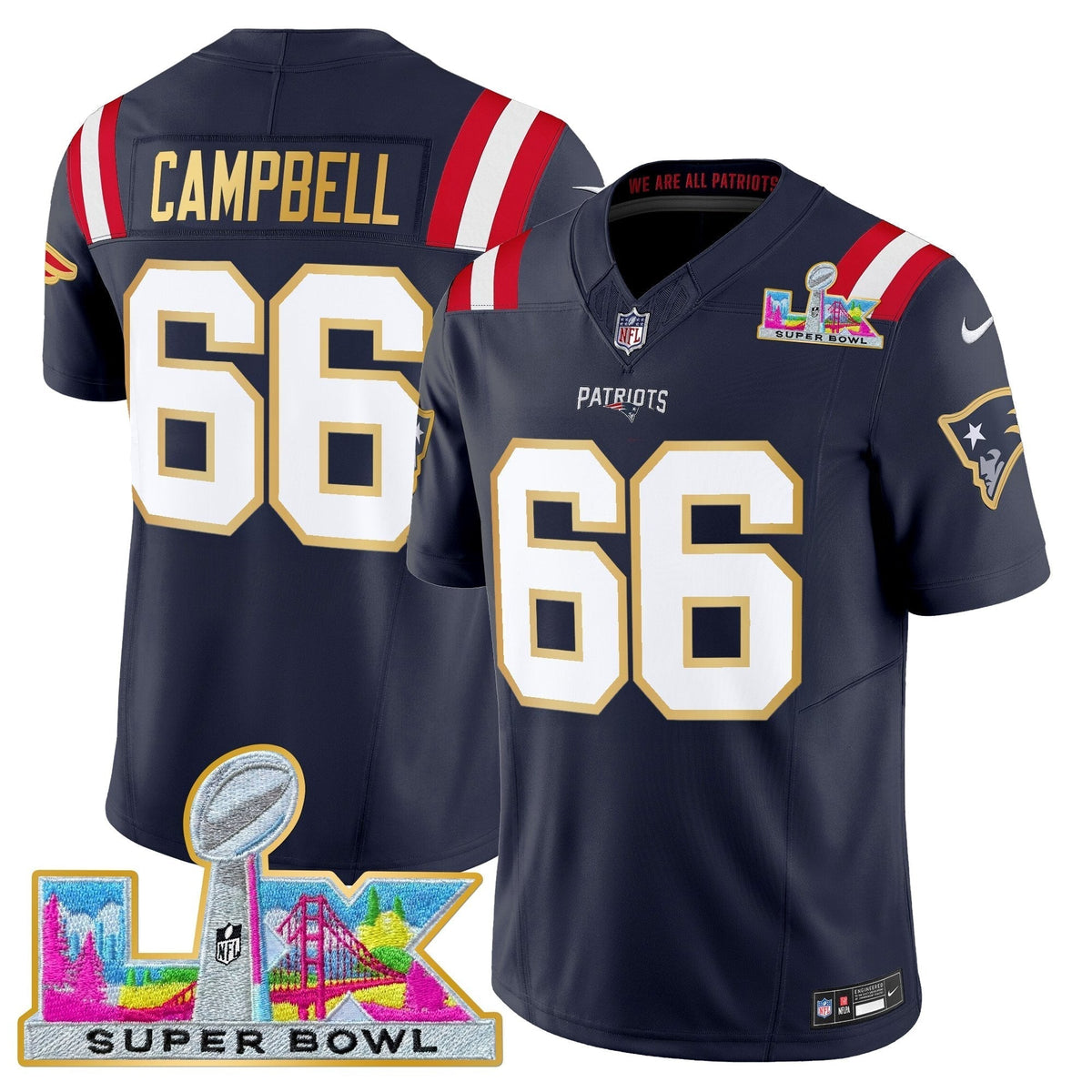 Men's New England Patriots Super Bowl LX Gold Trim Vapor Limited Jersey - All Stitched