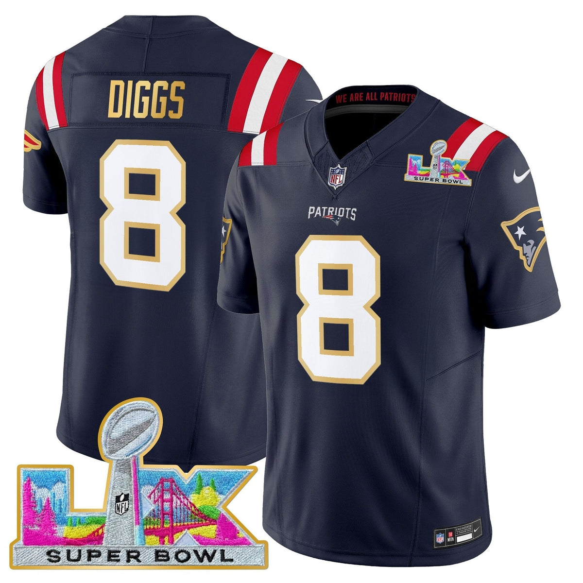 Men's New England Patriots Super Bowl LX Gold Trim Vapor Limited Jersey - All Stitched