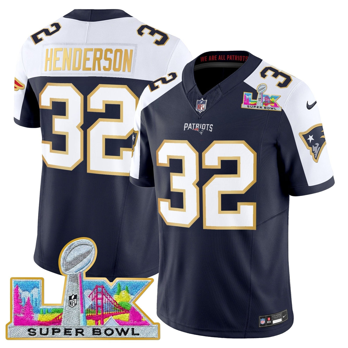Men's New England Patriots Super Bowl LX Gold Trim Vapor Limited Jersey - All Stitched