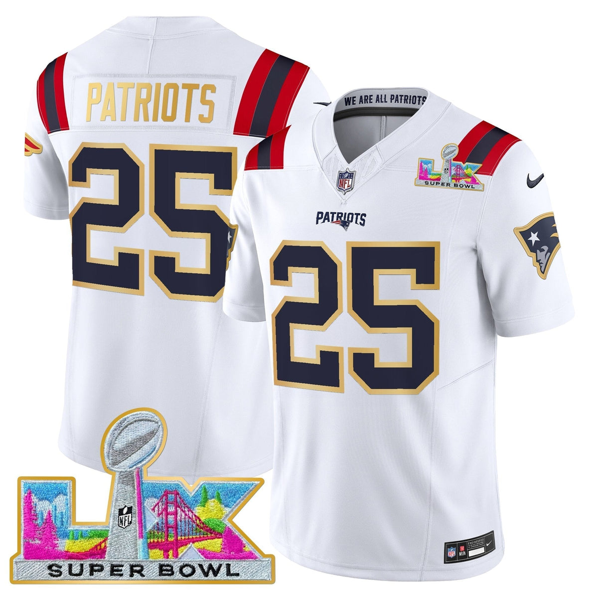 Men's New England Patriots Super Bowl LX Gold Trim Vapor Limited Jersey - All Stitched