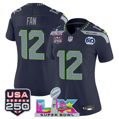 Women's Seattle Seahawks "Super Bowl LX & United States 250th Anniversary Patch" Vapor Limited Jersey - All Stitched