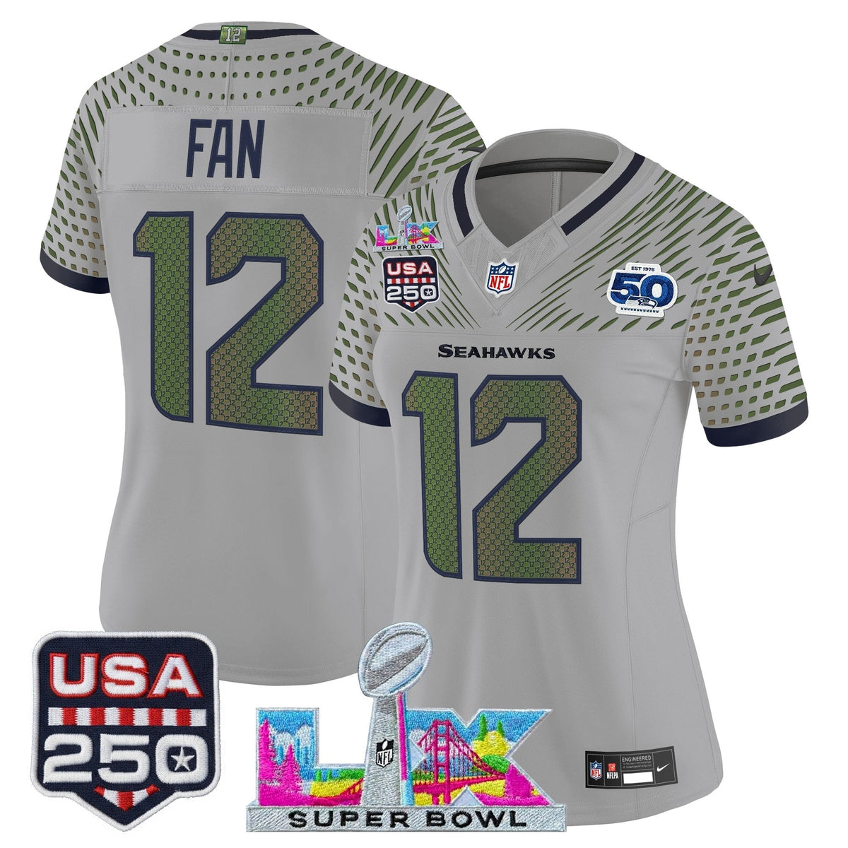 Women's Seattle Seahawks "Super Bowl LX & United States 250th Anniversary Patch" Vapor Limited Jersey - All Stitched