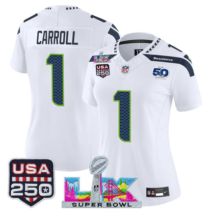 Women's Seattle Seahawks "Super Bowl LX & United States 250th Anniversary Patch" Vapor Limited Jersey - All Stitched