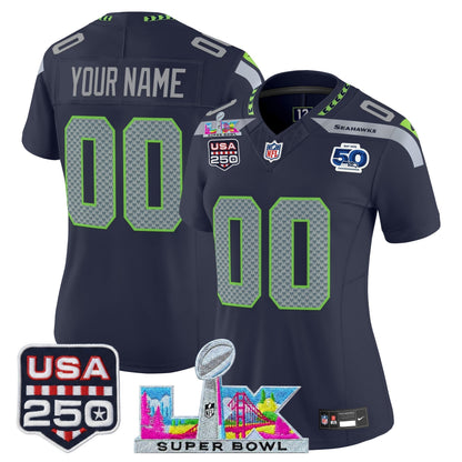 Seattle Seahawks "Super Bowl LX & United States 250th Anniversary Patch" Vapor Limited Custom Jersey - All Stitched