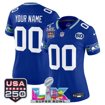 Seattle Seahawks "Super Bowl LX & United States 250th Anniversary Patch" Vapor Limited Custom Jersey - All Stitched