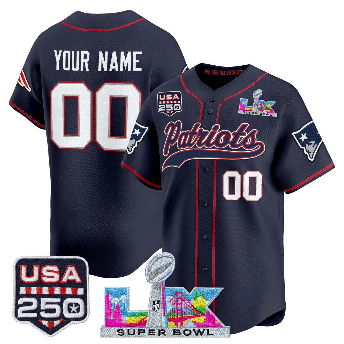 New England Patriots "Super Bowl LX & United States 250th Anniversary Patch" Vapor Baseball Custom Jersey - Stitched