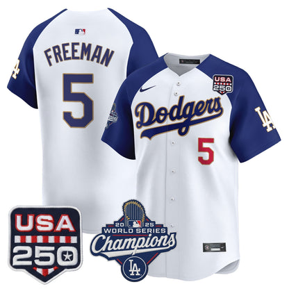 Men's Dodgers 2025 World Series Champions & 250America Patch Vapor Premier Limited Jersey - All Stitched