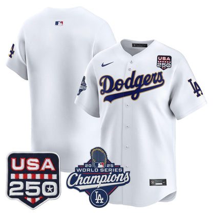 Men's Dodgers 2025 World Series Champions & 250America Patch Vapor Premier Limited Jersey - All Stitched