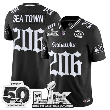 Men's Seattle Seahawks "Super Bowl LX & 50th Patch" Vapor Limited Jersey - Gothic Edition - All Stitched