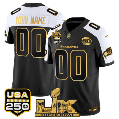 Seattle Seahawks "Super Bowl LX & United States 250th Anniversary Patch" Gold Vapor Limited Custom Jersey - Stitched