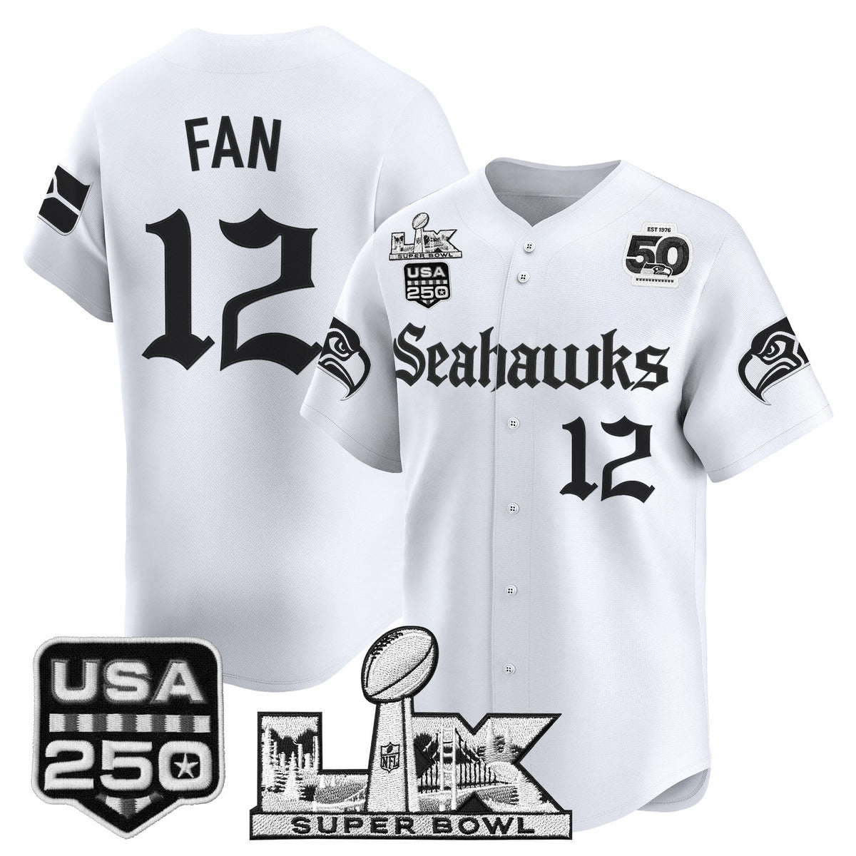 Seattle Seahawks “Super Bowl LX & 50th Patch” Vapor Baseball Jersey - Gothic Edition - Stitched