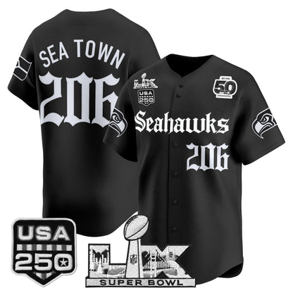 Seattle Seahawks “Super Bowl LX & 50th Patch” Vapor Baseball Jersey - Gothic Edition - Stitched