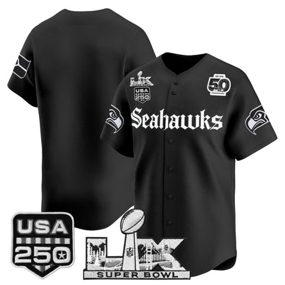 Seattle Seahawks “Super Bowl LX & 50th Patch” Vapor Baseball Jersey - Gothic Edition - Stitched