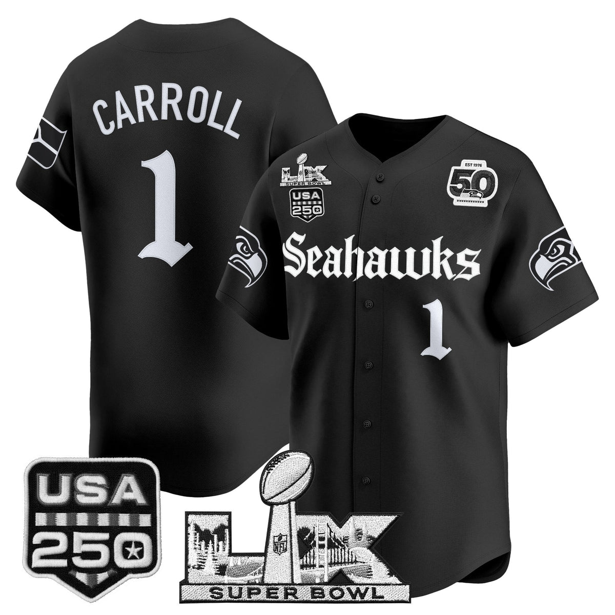 Seattle Seahawks “Super Bowl LX & 50th Patch” Vapor Baseball Jersey - Gothic Edition - Stitched