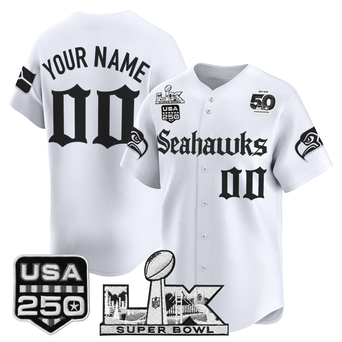 Seattle Seahawks “Super Bowl LX & 50th Patch” Vapor Baseball Custom Jersey - Gothic Edition - Stitched
