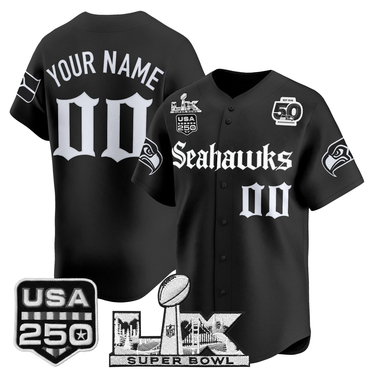 Seattle Seahawks “Super Bowl LX & 50th Patch” Vapor Baseball Custom Jersey - Gothic Edition - Stitched