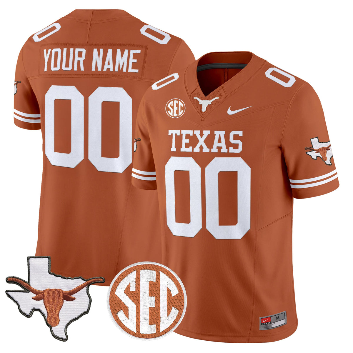 Texas Longhorns 2026 State Map & SEC Patch Vapor Limited Custom Jersey - All Stitched