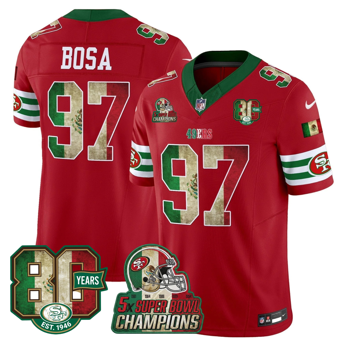 49ers Mexico 80th Anniversary & 5X Champs Jersey - Stitched