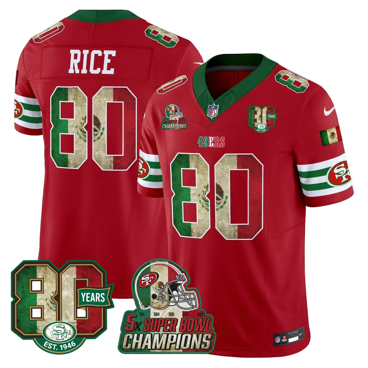 49ers Mexico 80th Anniversary & 5X Champs Jersey - Stitched