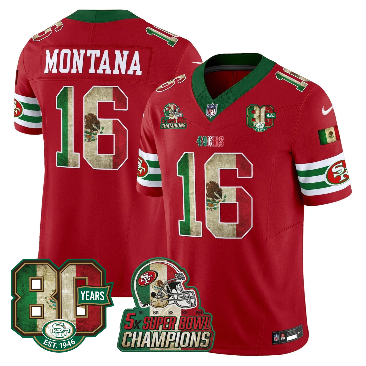 49ers Mexico 80th Anniversary & 5X Champs Jersey - Stitched