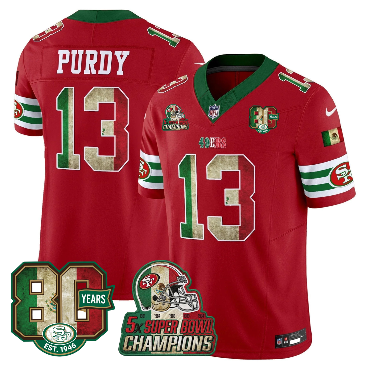 49ers Mexico 80th Anniversary & 5X Champs Jersey - Stitched