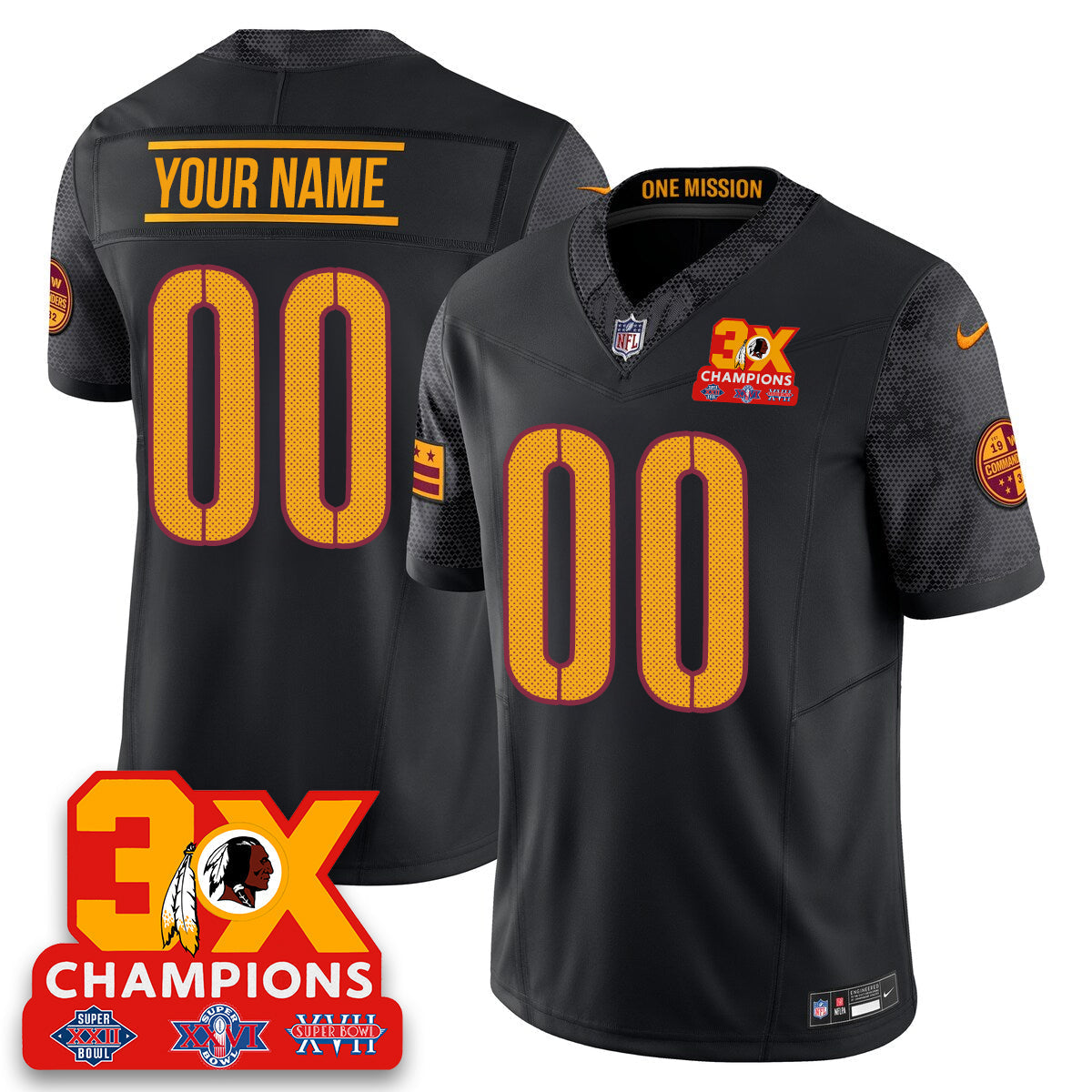 WAS 3-Time Champions Patch Vapor Limited Custom Jersey - Stitched