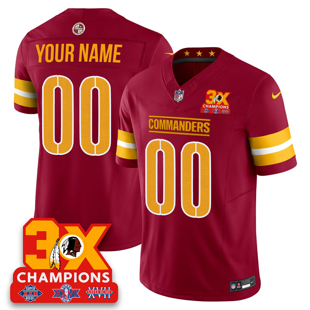 WAS 3-Time Champions Patch Vapor Limited Custom Jersey - Stitched