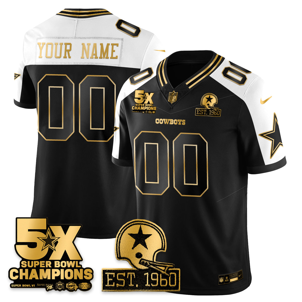 DAL 5-Time Champions Patch Vapor Limited Gold Custom Jersey - Stitched