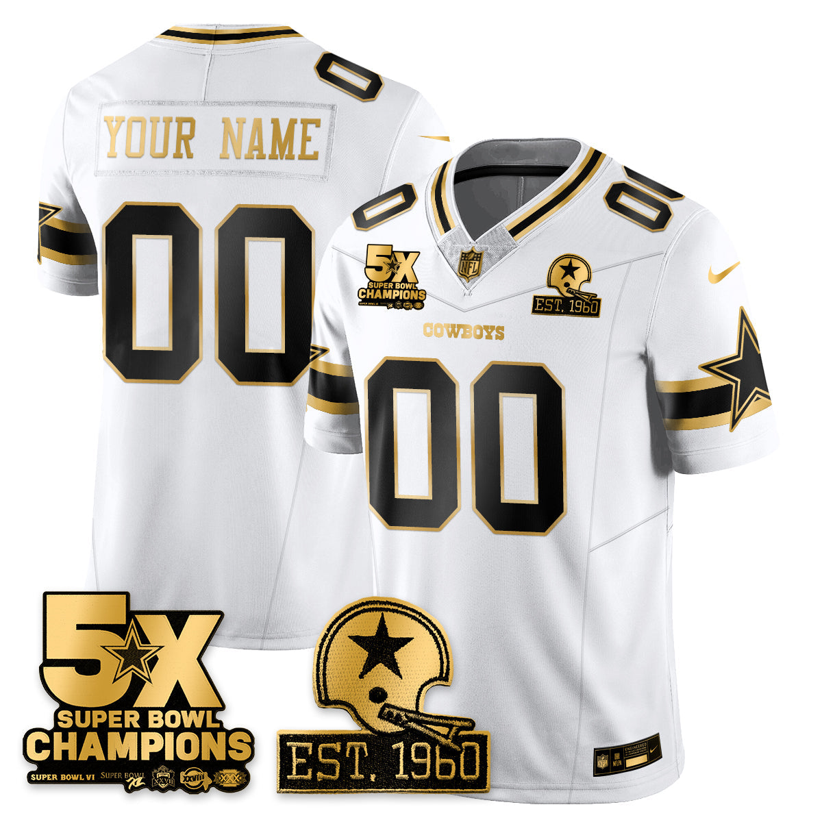 DAL 5-Time Champions Patch Vapor Limited Gold Custom Jersey - Stitched