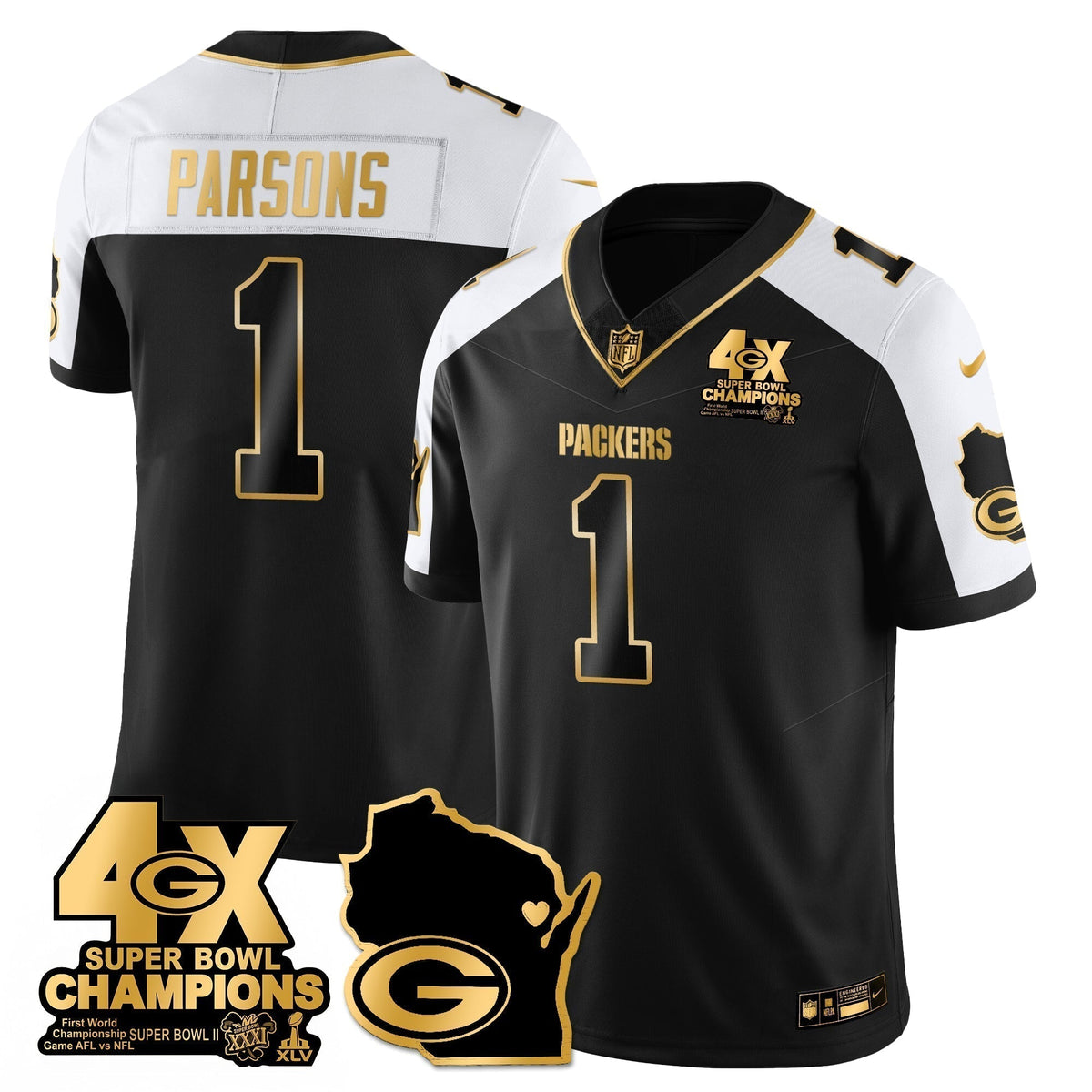 GB 4-Time Champions Patch Vapor Limited Gold Jersey - Stitched