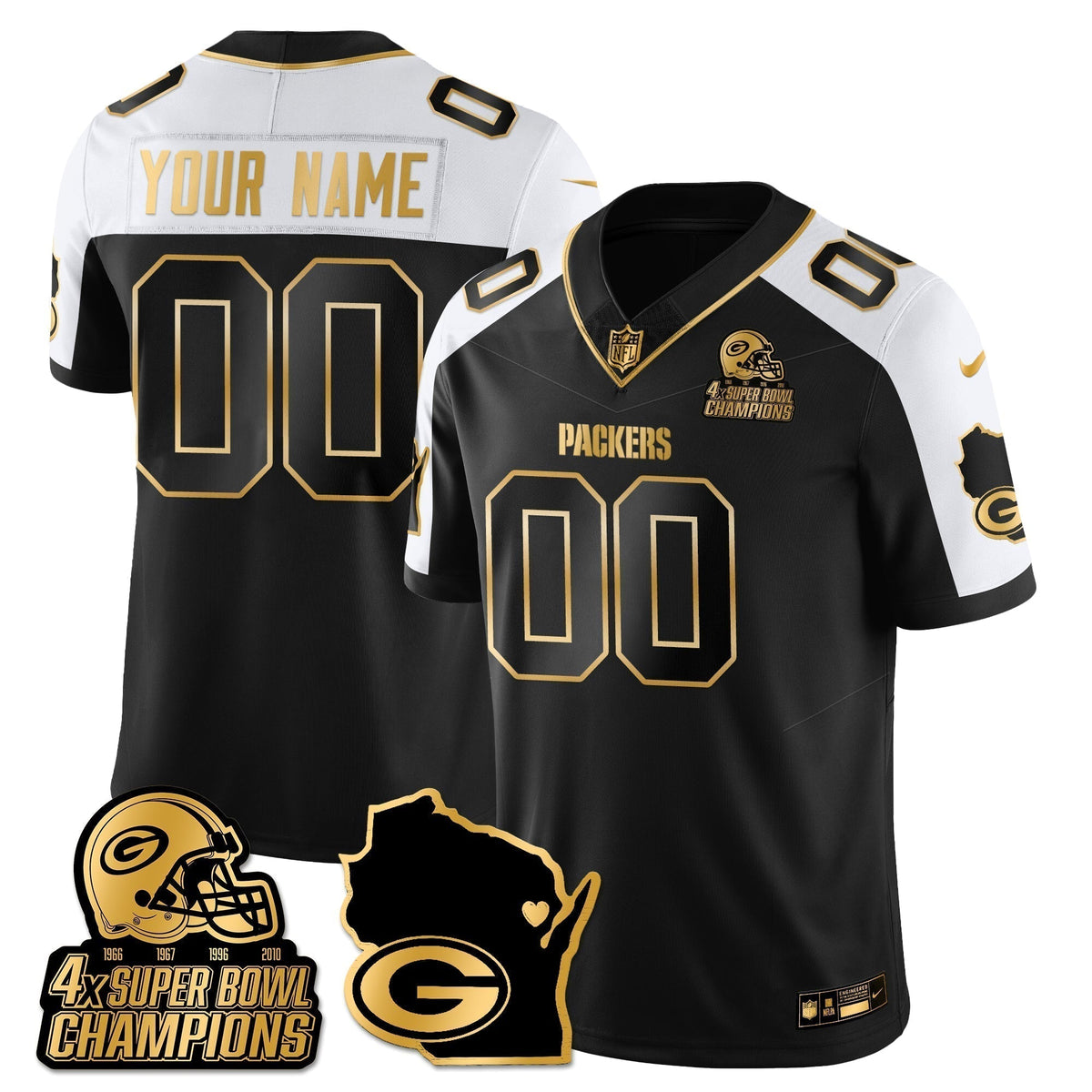 GB 4-Time Champions Patch Vapor Limited Gold Custom Jersey - Stitched